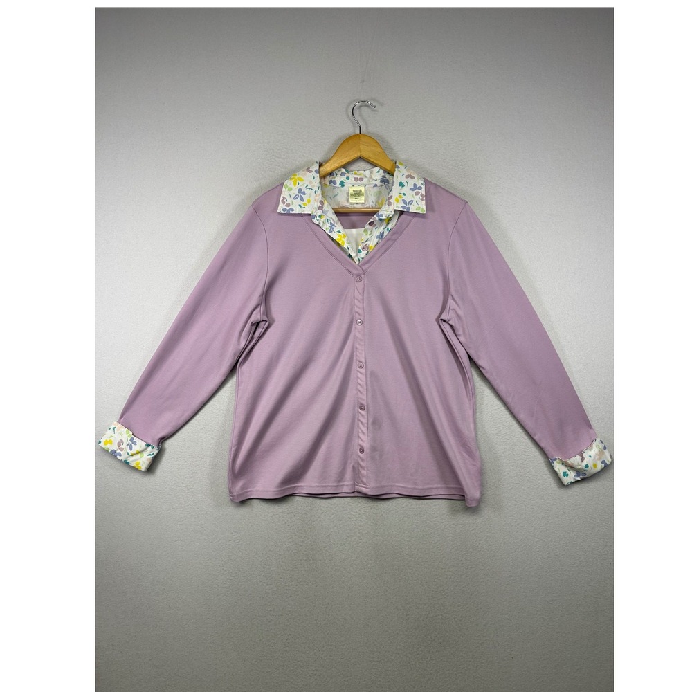 Grandmacore Blair Women Large Purple Floral Layered Look Button Front Cardigan